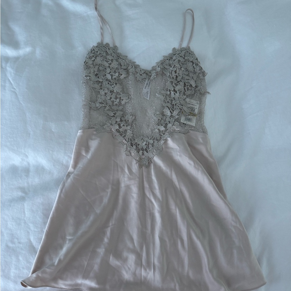 Flora Nikrooz Lace Detail Satin Chemise in Gray and Cream